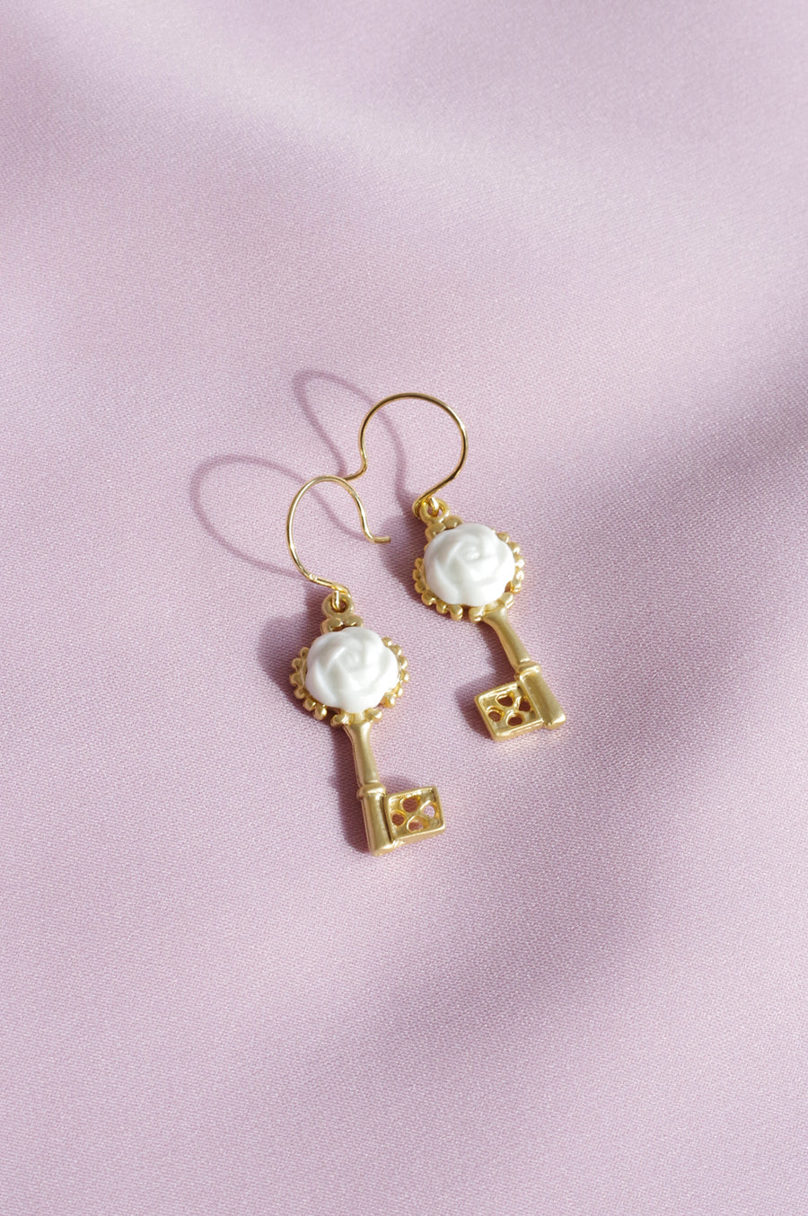 Porcelain Camellia Golden Key Earrings
