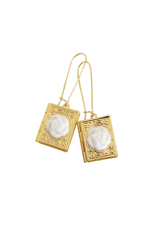 Porcelain Camellia Book Locket Earrings