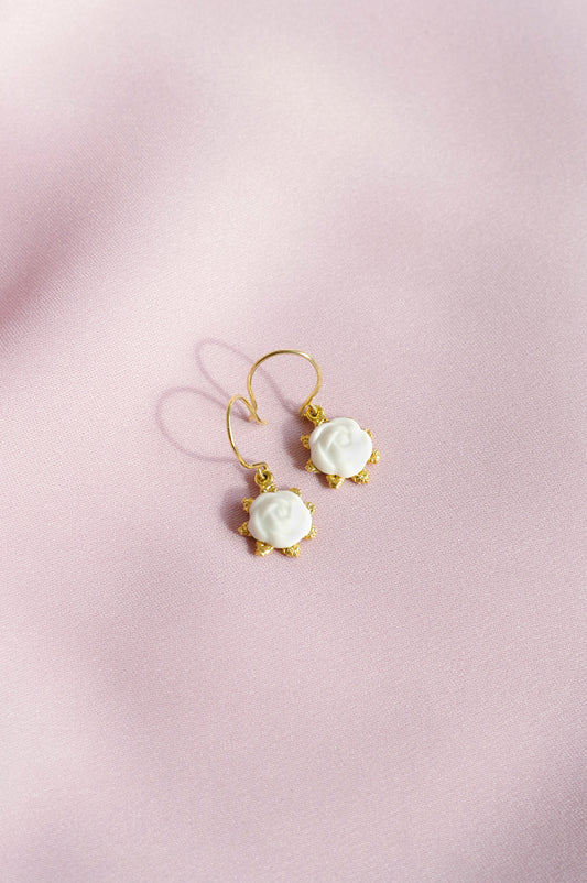Mini Porcelain Camellia Flower Charm Earrings