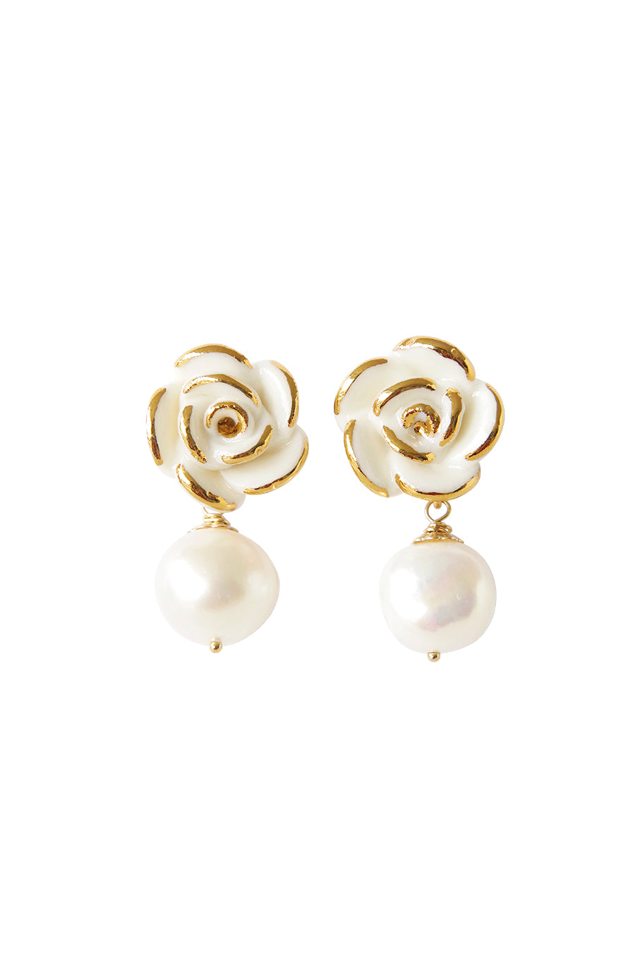 Golden White Cloud Rose Pearl Drop Earrings