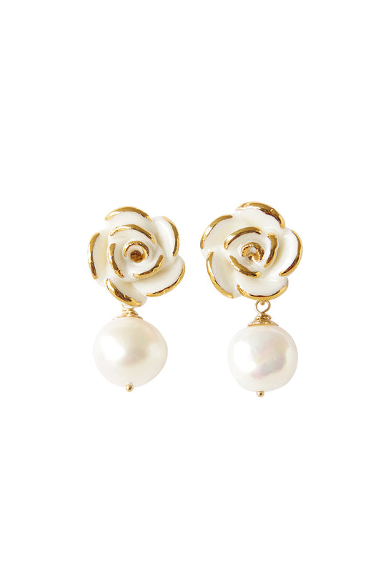 Golden White Cloud Rose Pearl Drop Earrings