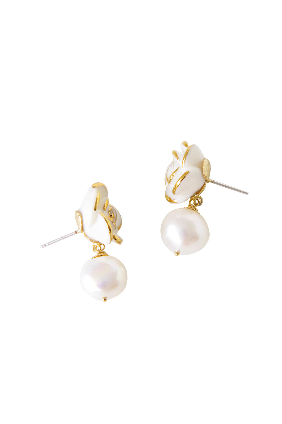 Golden White Cloud Rose Pearl Drop Earrings