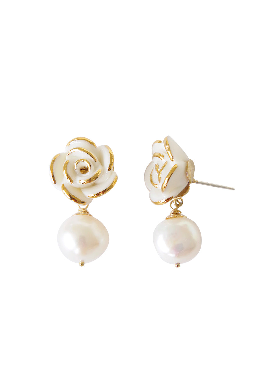 Golden White Cloud Rose Pearl Drop Earrings