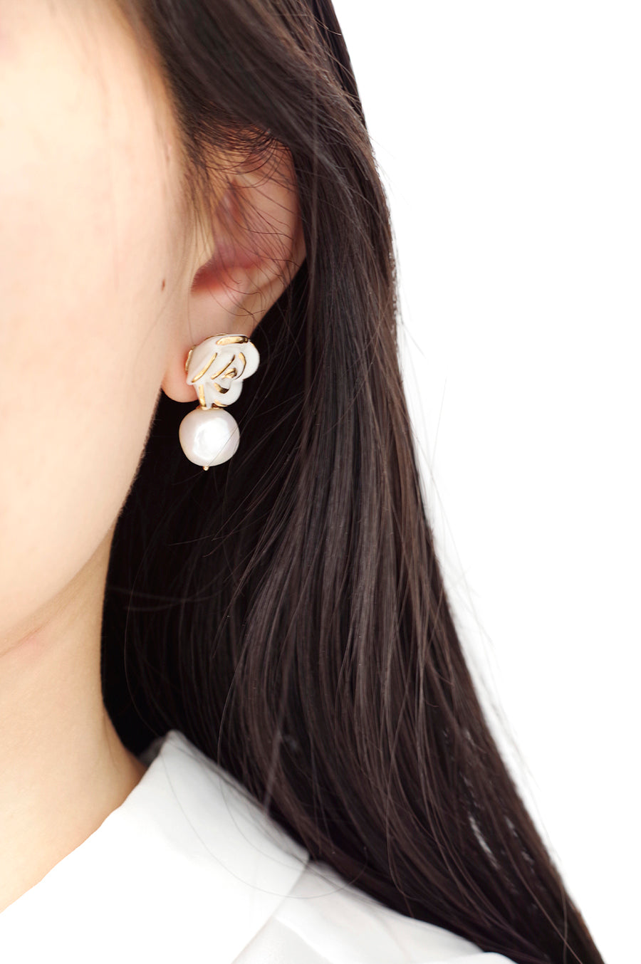 Golden White Cloud Rose Pearl Drop Earrings