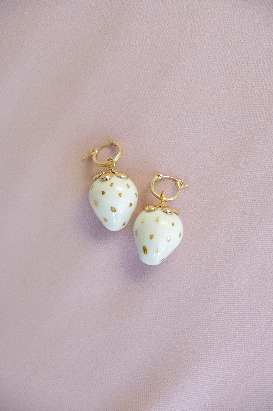 Golden White Porcelain Strawberry Earrings