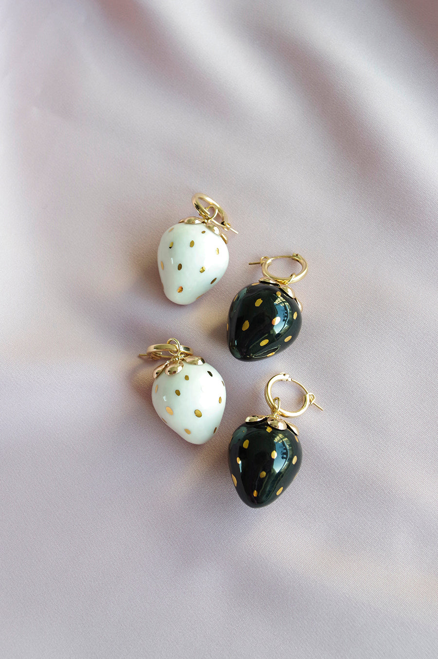 Golden White Porcelain Strawberry Earrings