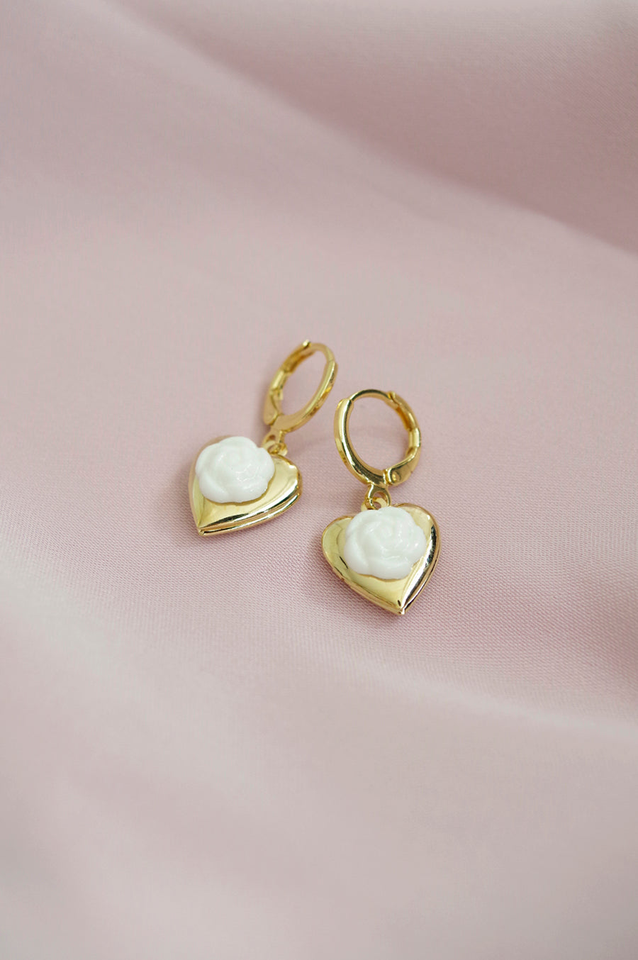 Mini Camellia Heart Locket Earrings