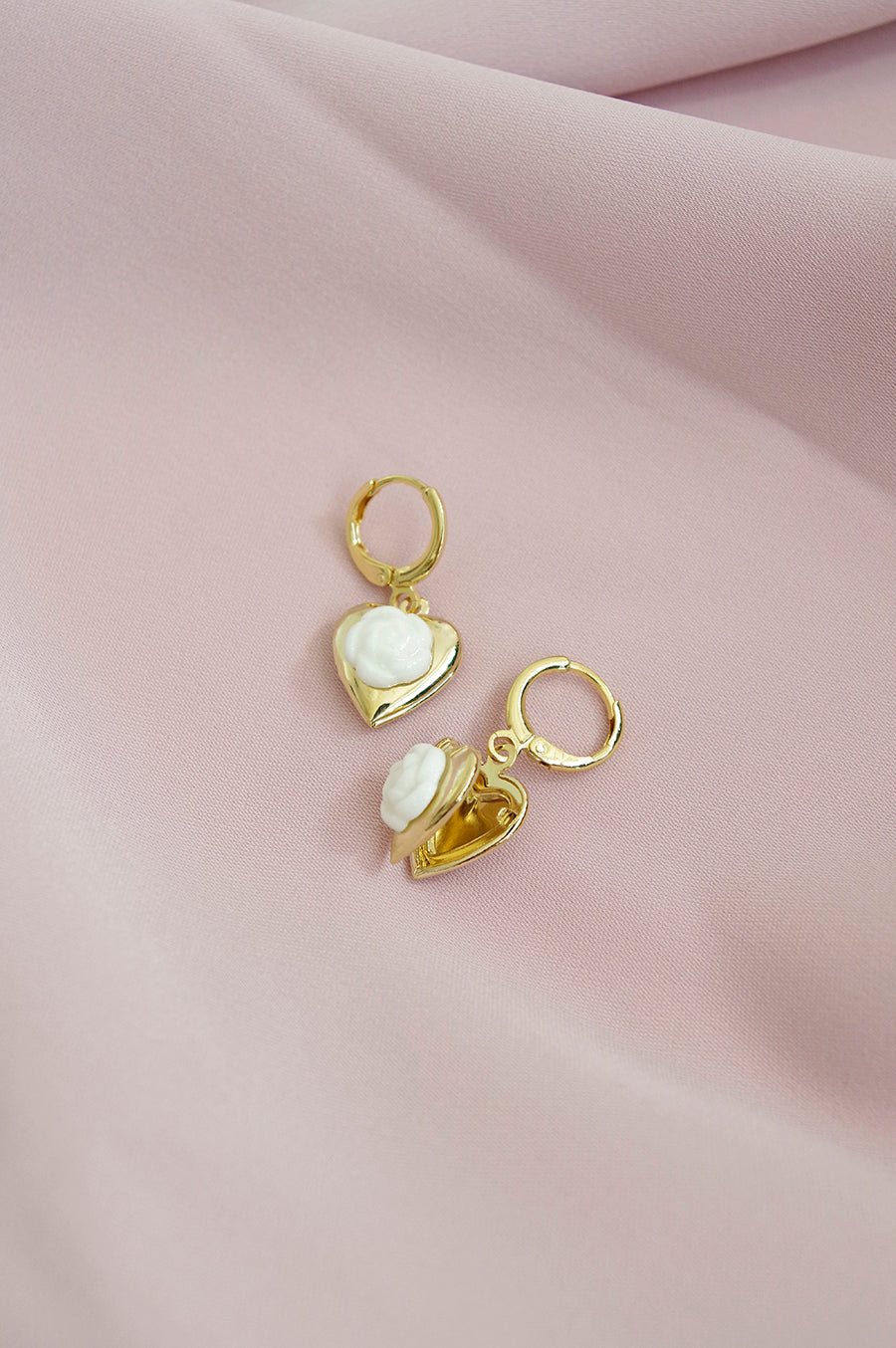 Mini Camellia Heart Locket Earrings