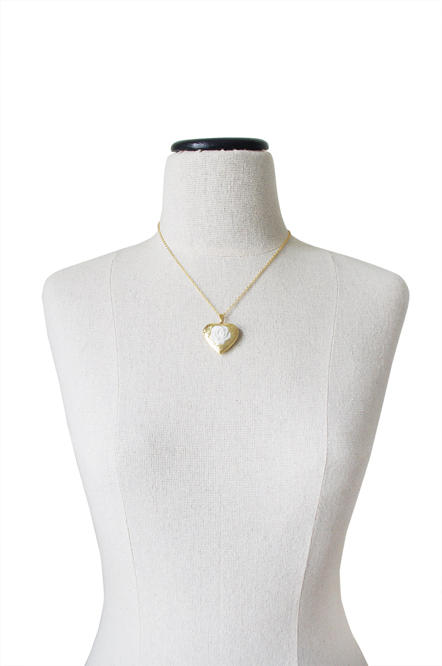 Heart Locket With Porcelain Rose Pendant Necklace