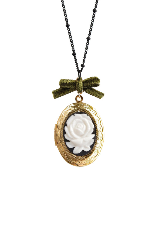 Dark Romance Rose Oval Porcelain Cameo Locket Necklace