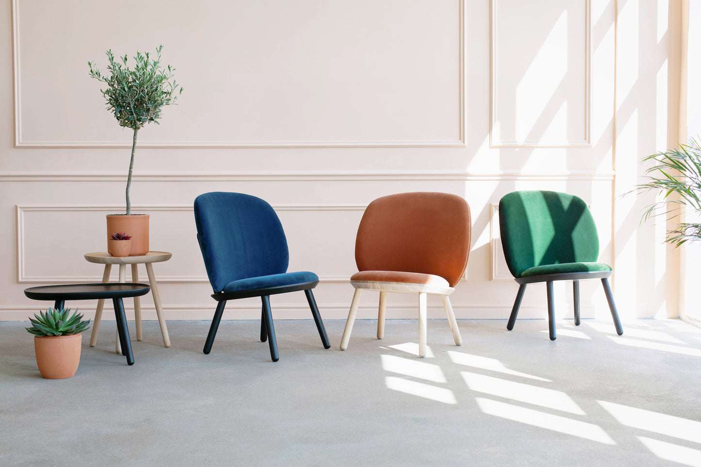 Blue, terracotta, and green Naïve Low Velour Accent Chairs
