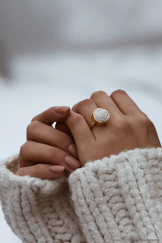 Porcelain Rose With Pearl Adjustable Ring