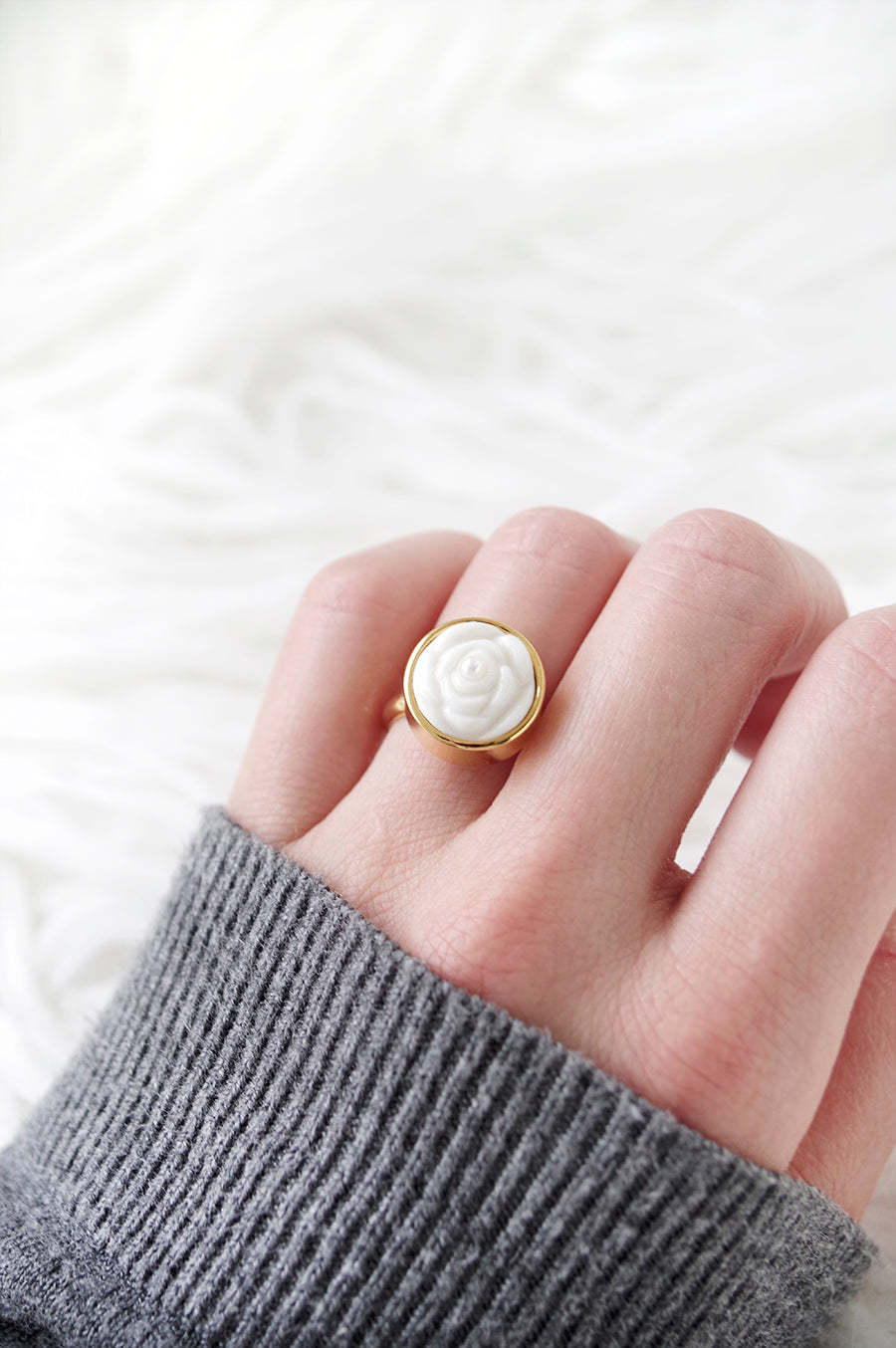 Porcelain Rose With Pearl Adjustable Ring