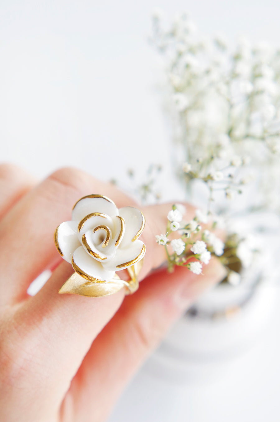 Golden White Cloud Rose Cocktail Ring