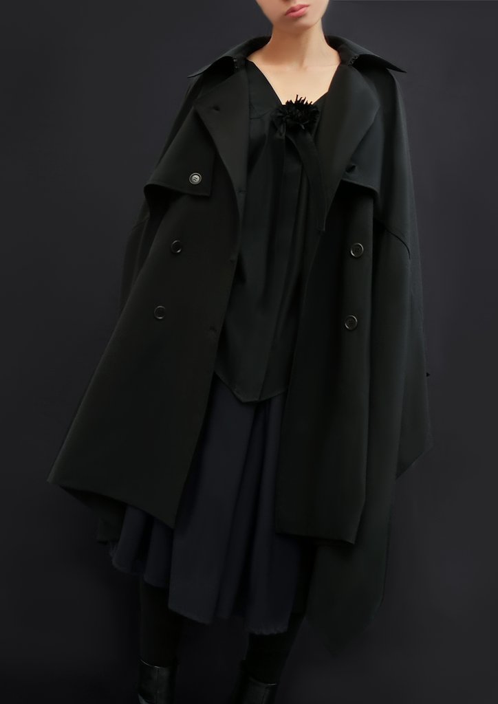 Unisex Virgin Wool Trench Cape Black