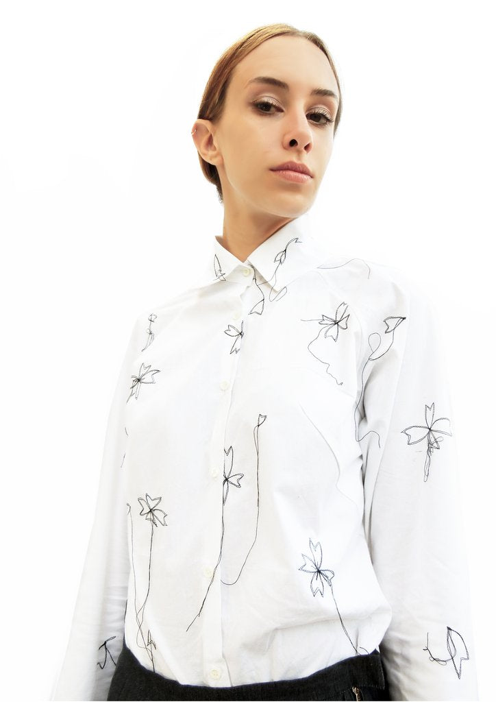 High Collar Flower Stitching Embroidered Shirt
