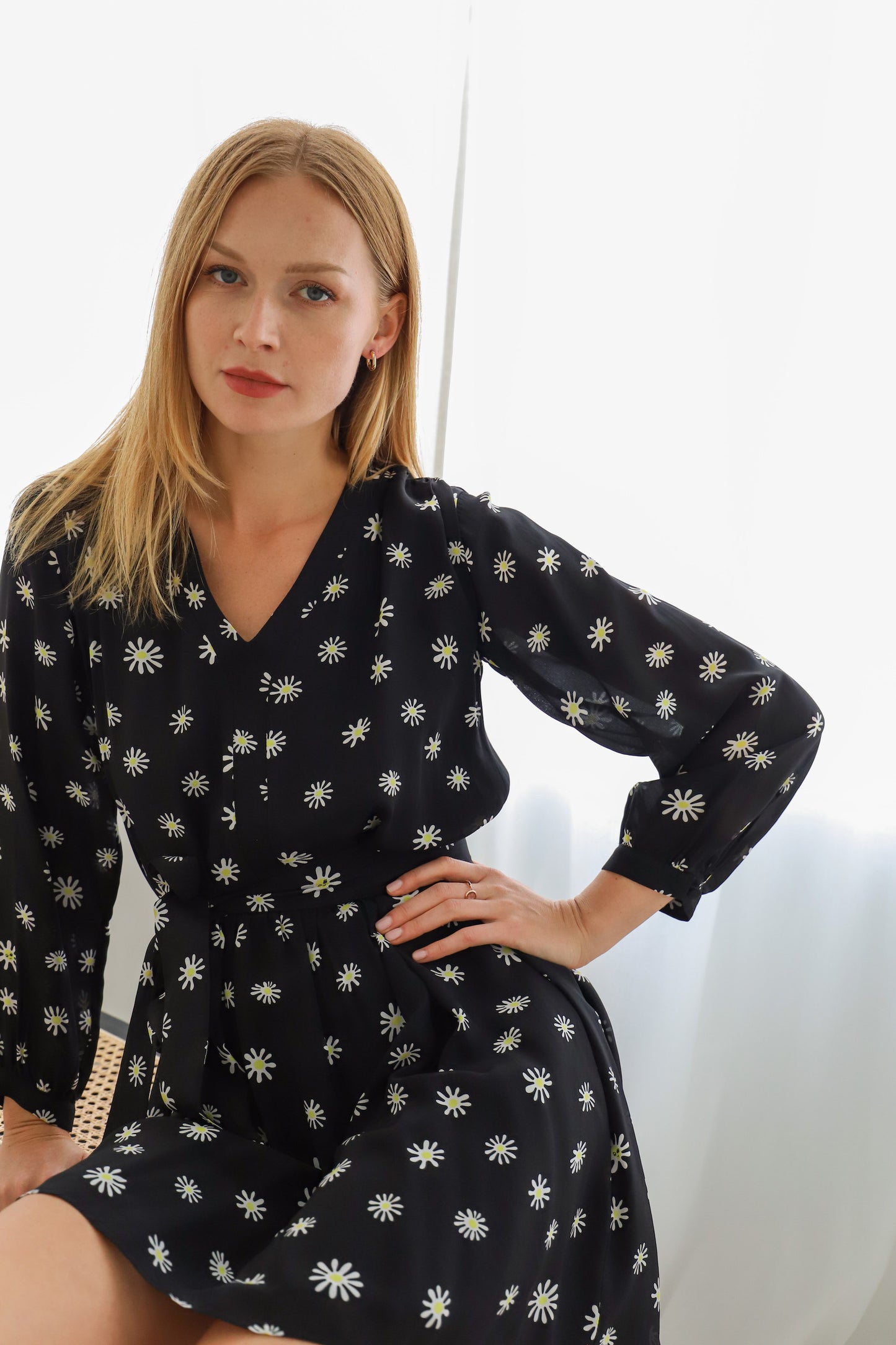 Daisy Print Black Silk Dress