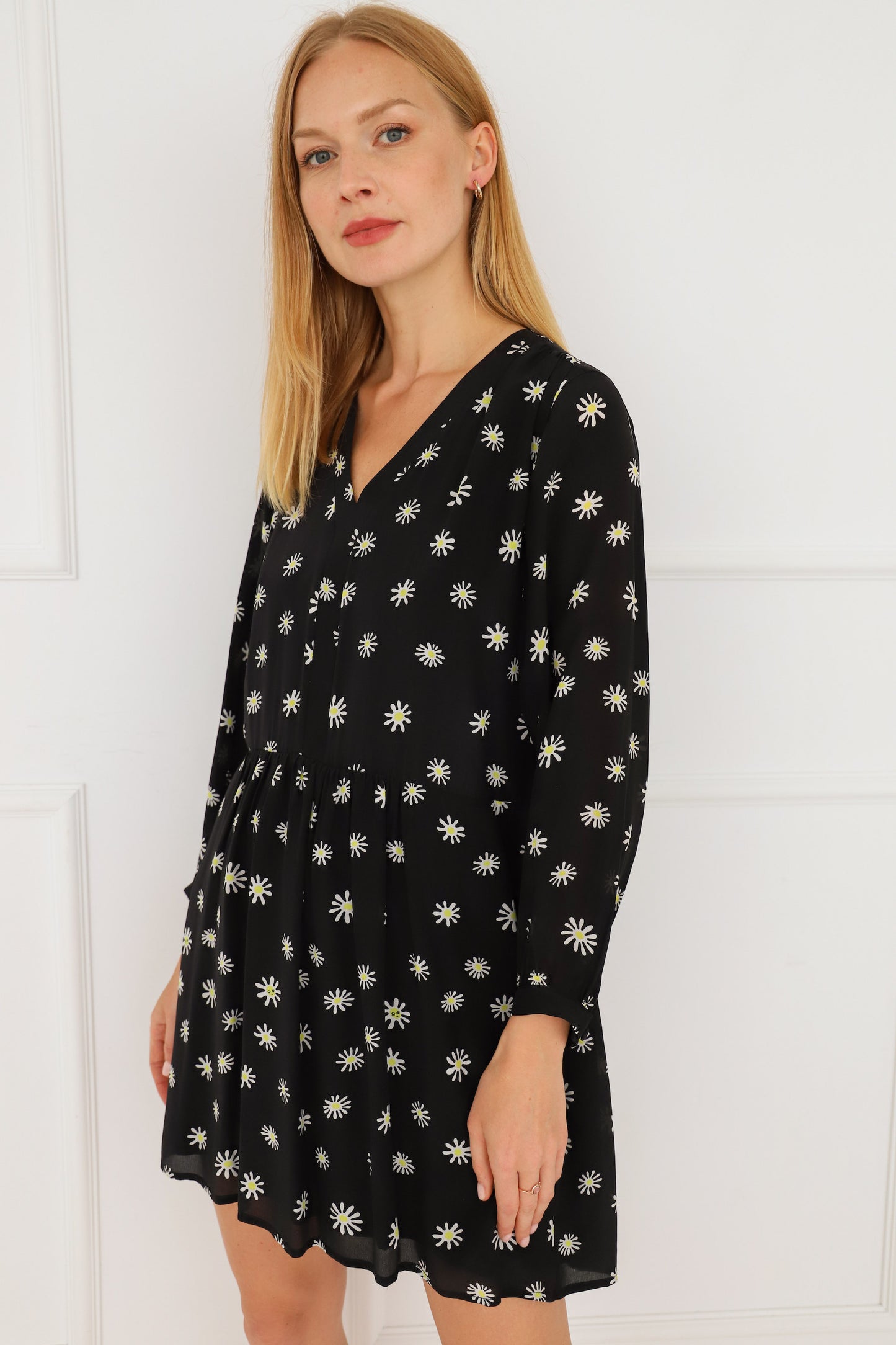 Daisy Print Black Silk Dress