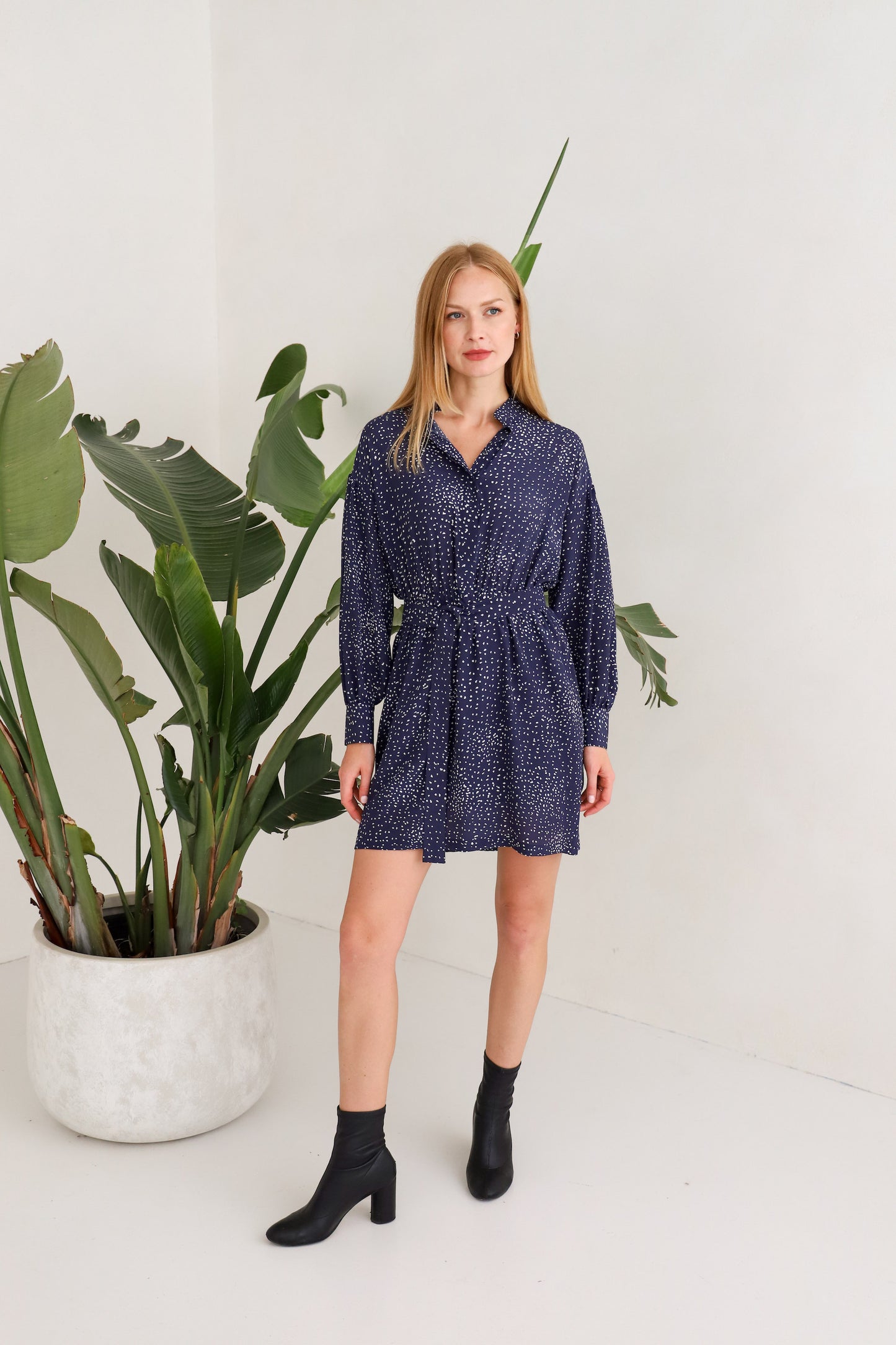 silk dress navy blue dotted