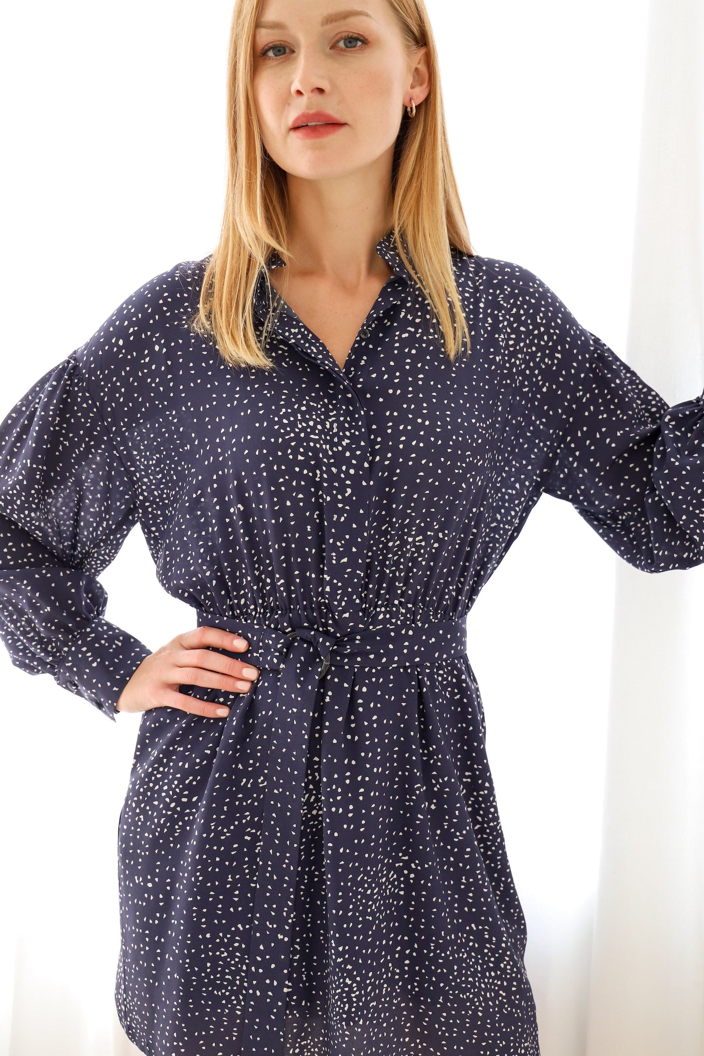 silk dress navy blue dotted