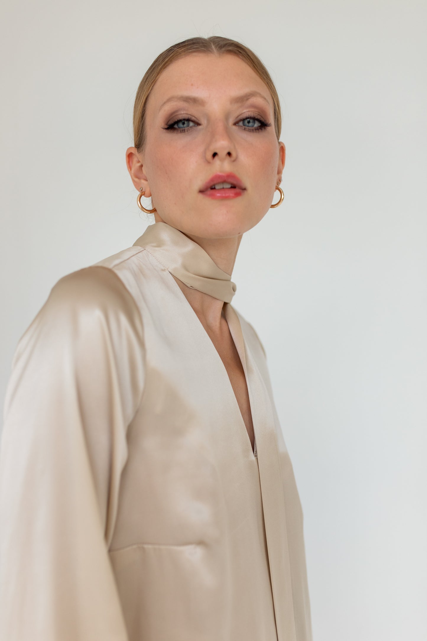 Silk Bow Tie Blouse Beige