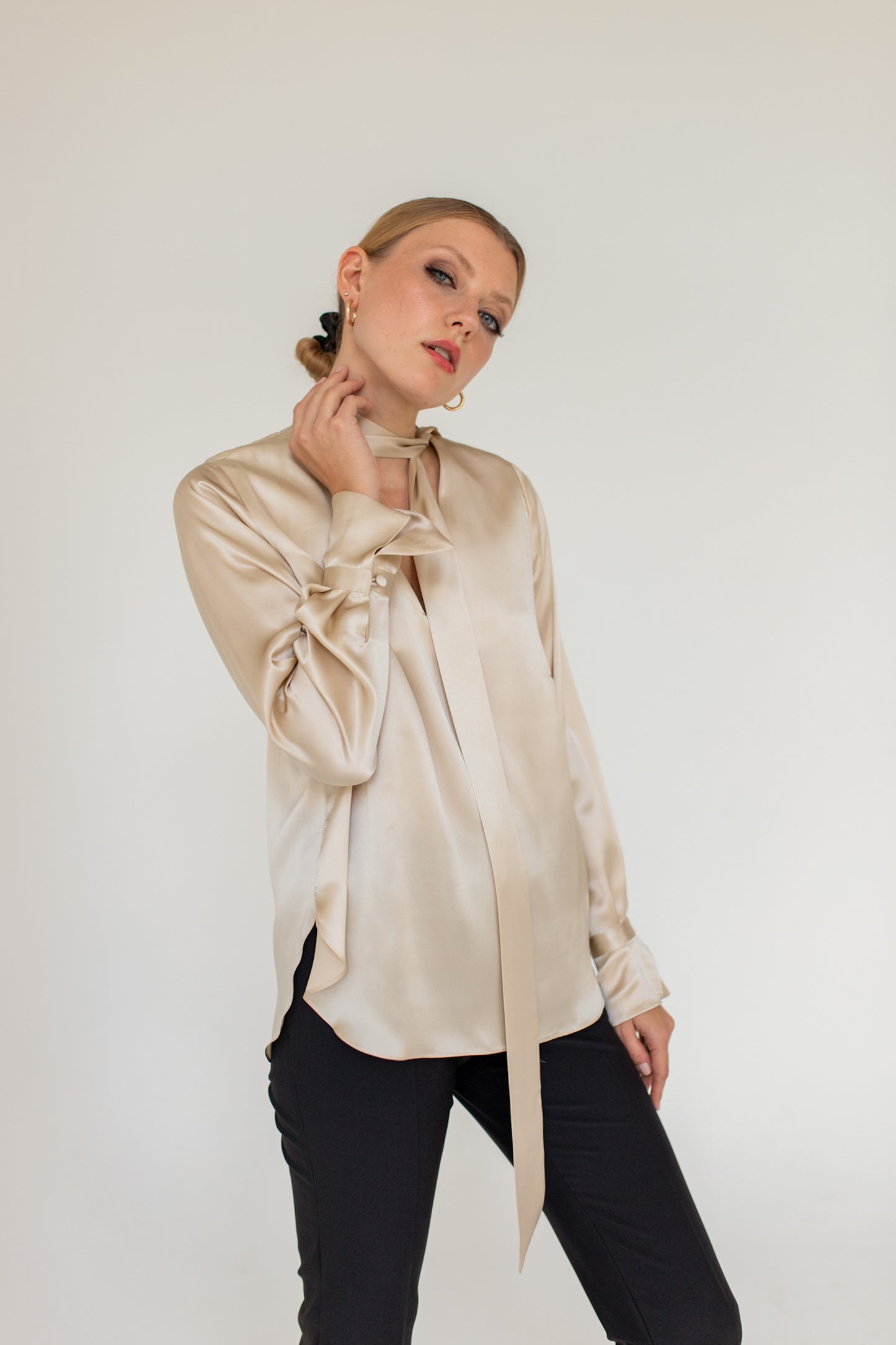 Silk Bow Tie Blouse Beige