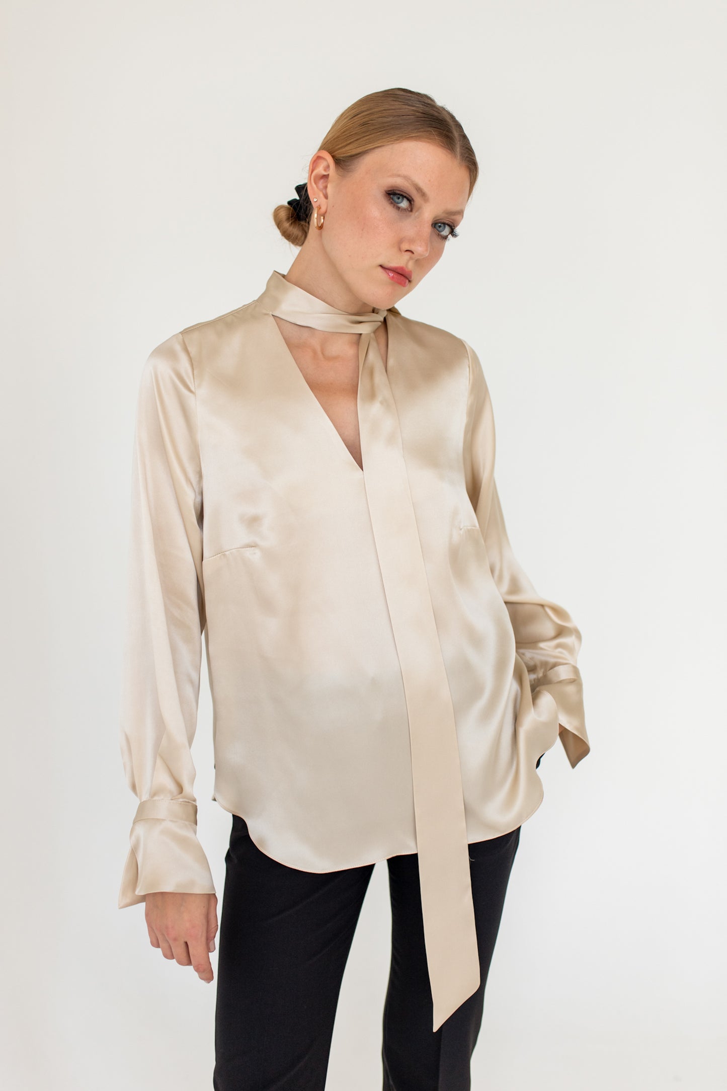 Silk Bow Tie Blouse Beige