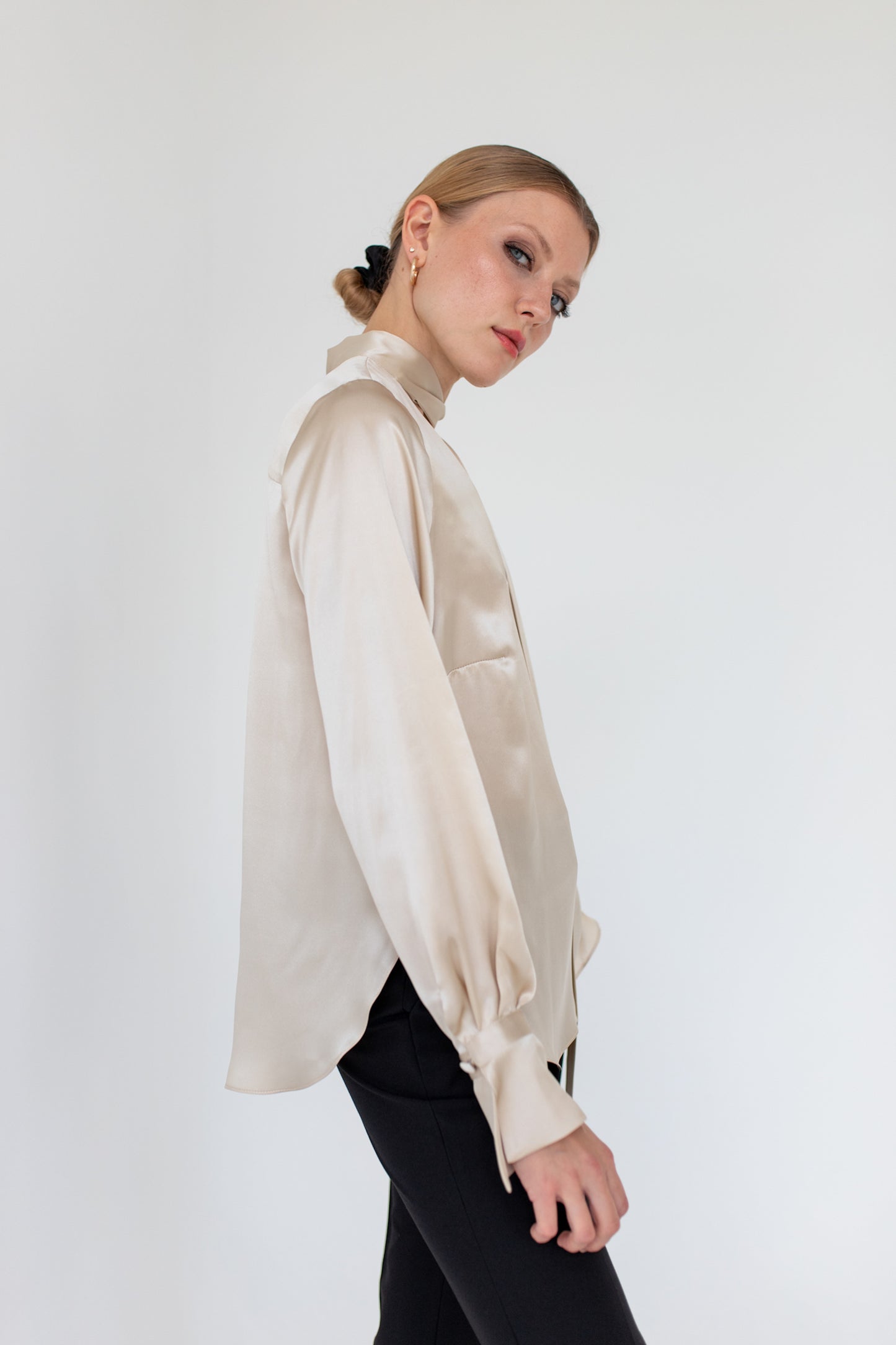 Silk Bow Tie Blouse Beige