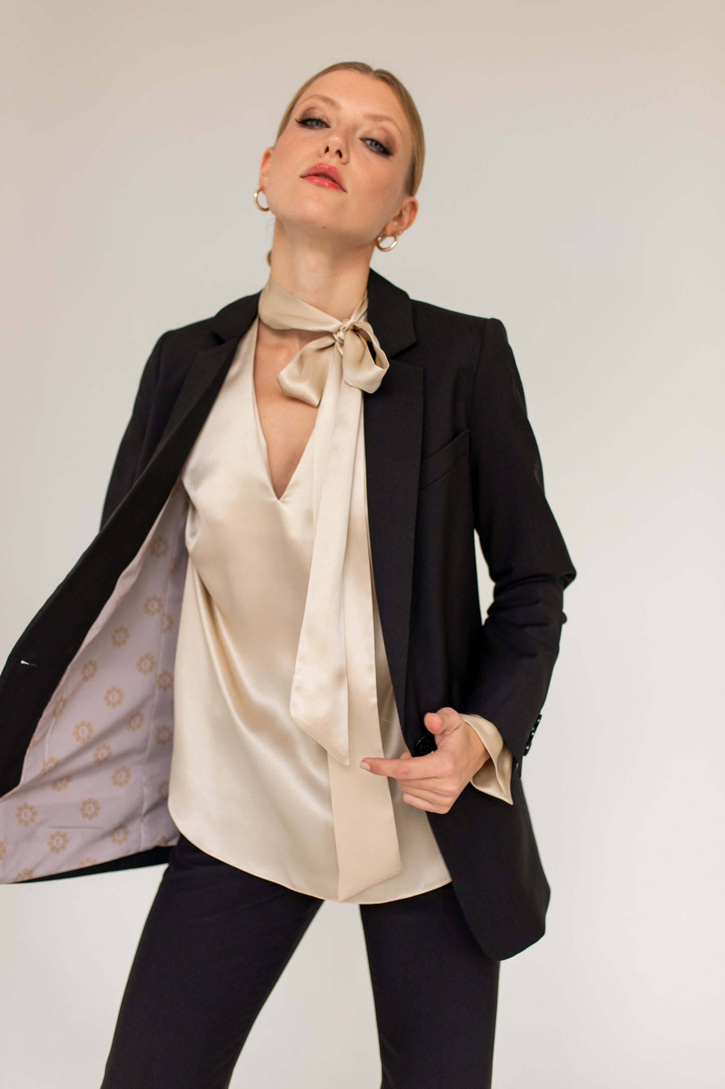 Silk Bow Tie Blouse Beige