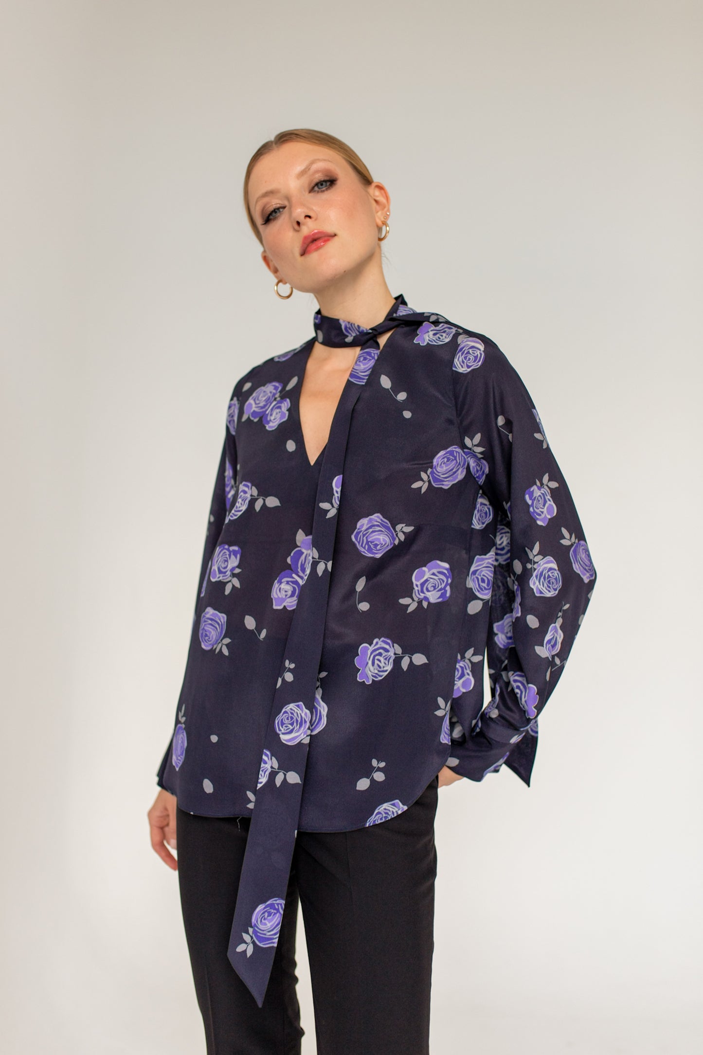 Silk Bow Tie Blouse Roses