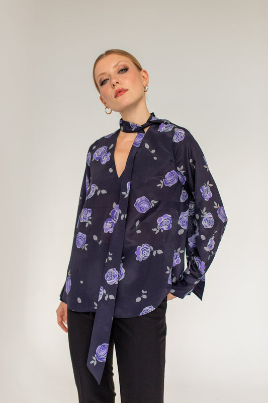Silk Bow Tie Blouse Roses