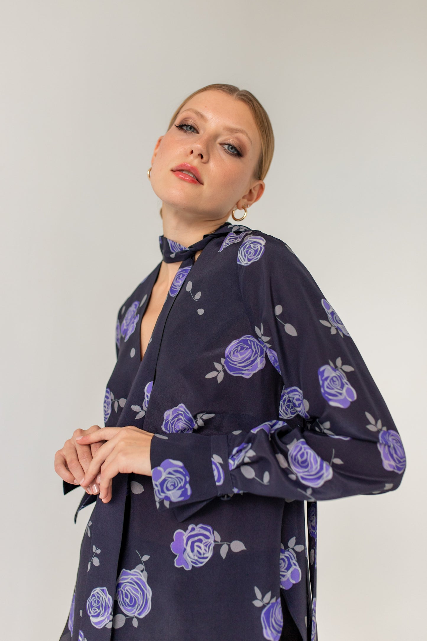 Silk Bow Tie Blouse Roses