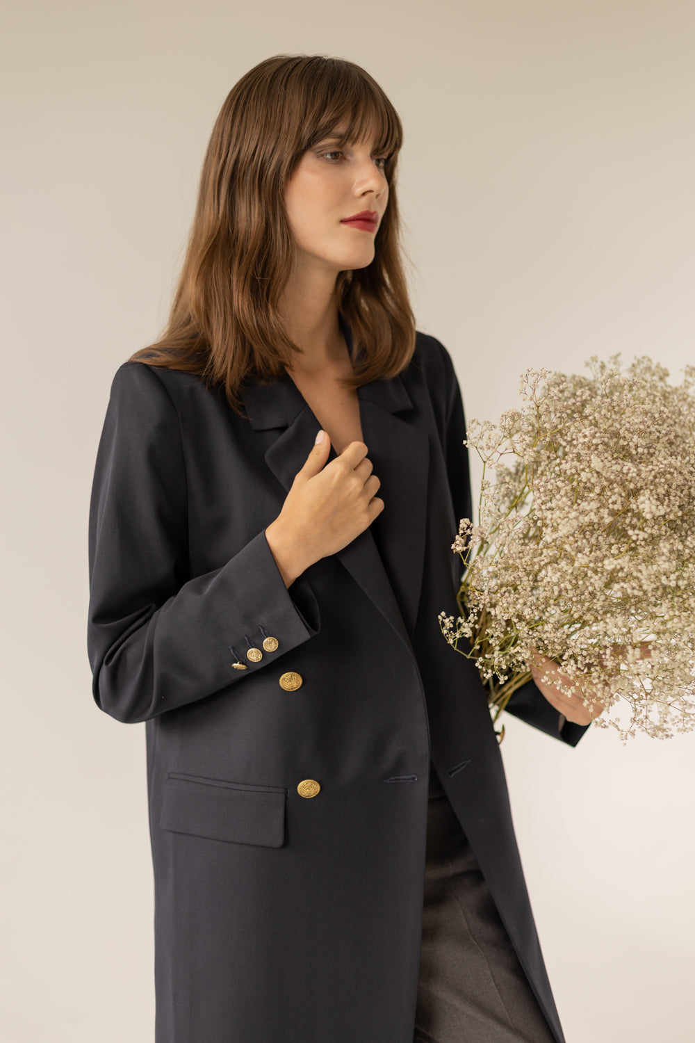 Long Gold Buttons Wool Trenchcoat - Navy Blue