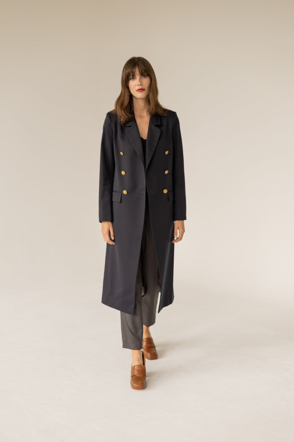 Long Gold Buttons Wool Trenchcoat - Navy Blue