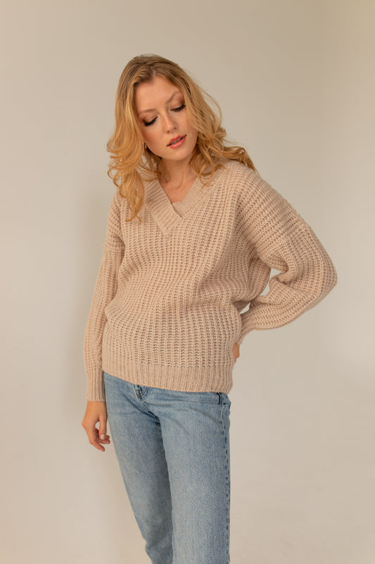 V Merino Wool Sweater- Beige