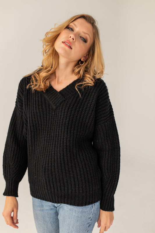 V Merino Wool Sweater - Black