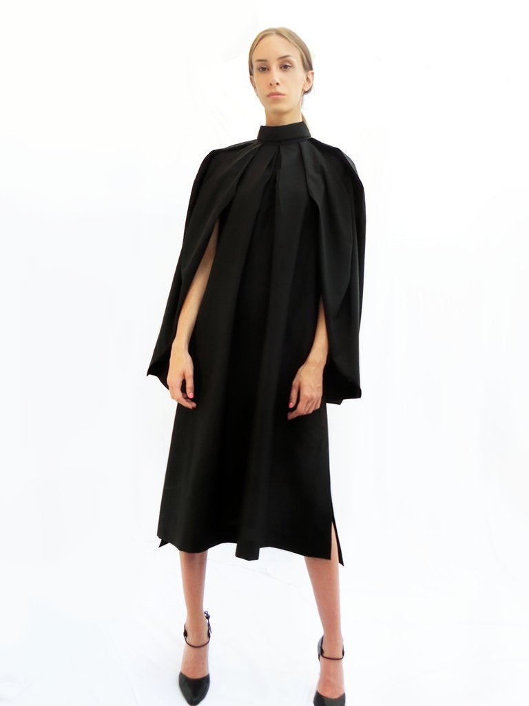 High Collar Angular Pleated Wool Dress
