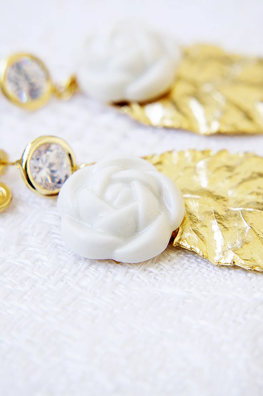 Porcelain Camellias And Golden Leaves Earrings