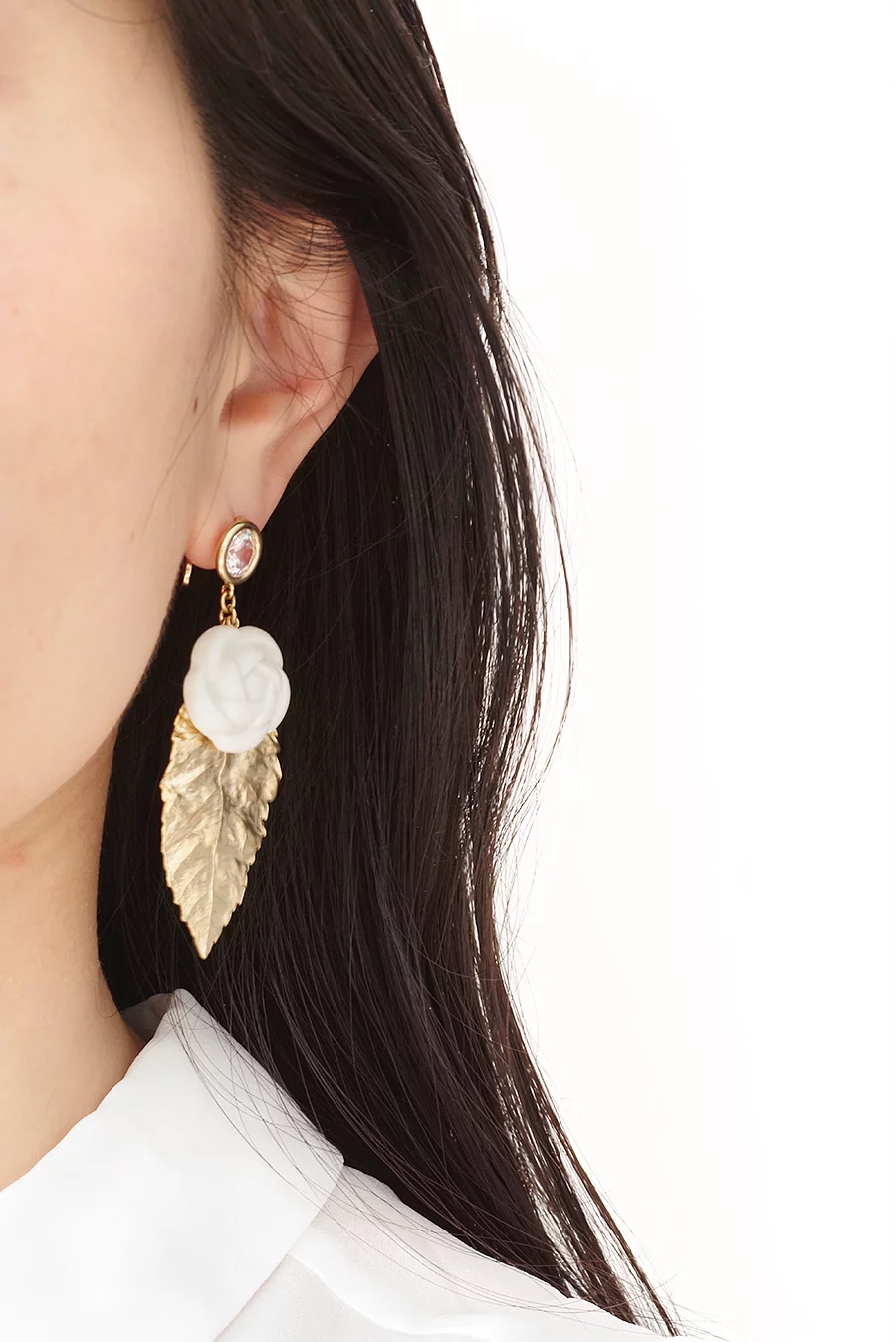 Porcelain Camellias And Golden Leaves Earrings