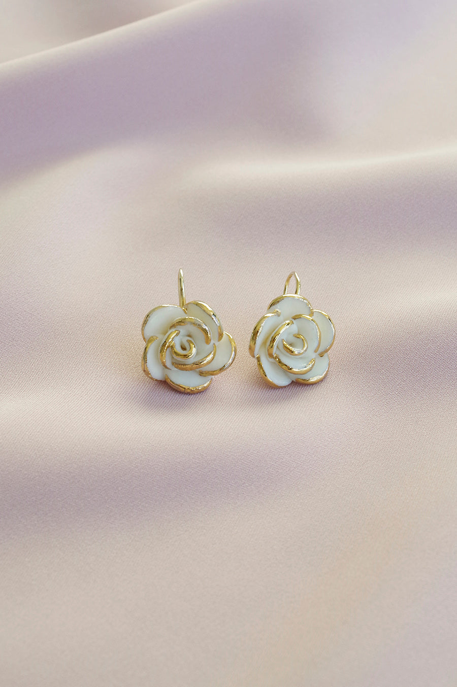 Golden White Cloud Rose Hook Earrings