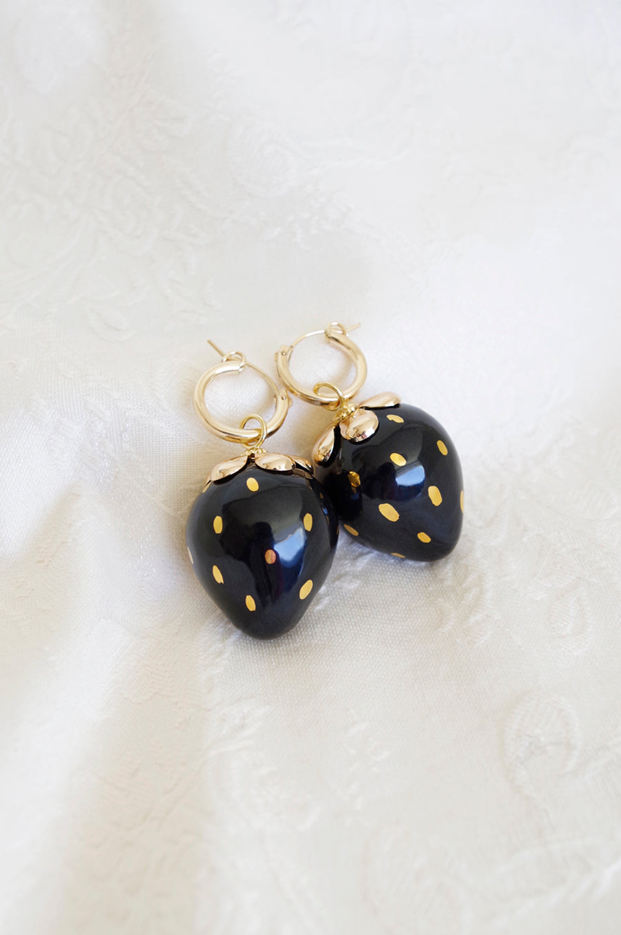 Golden Black Porcelain Strawberry Earrings