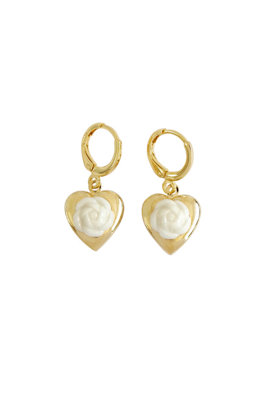 Mini Camellia Heart Locket Earrings
