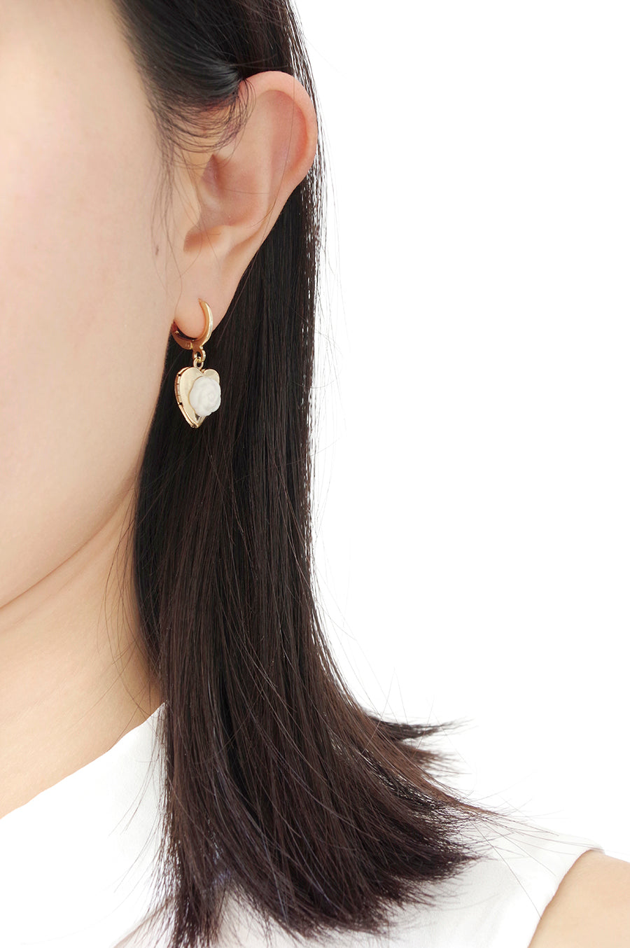 Mini Camellia Heart Locket Earrings