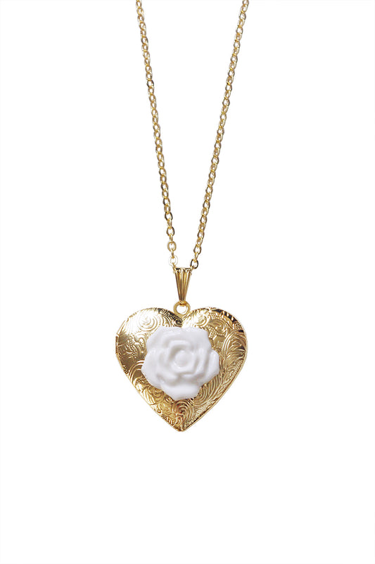 Heart Locket With Porcelain Rose Pendant Necklace