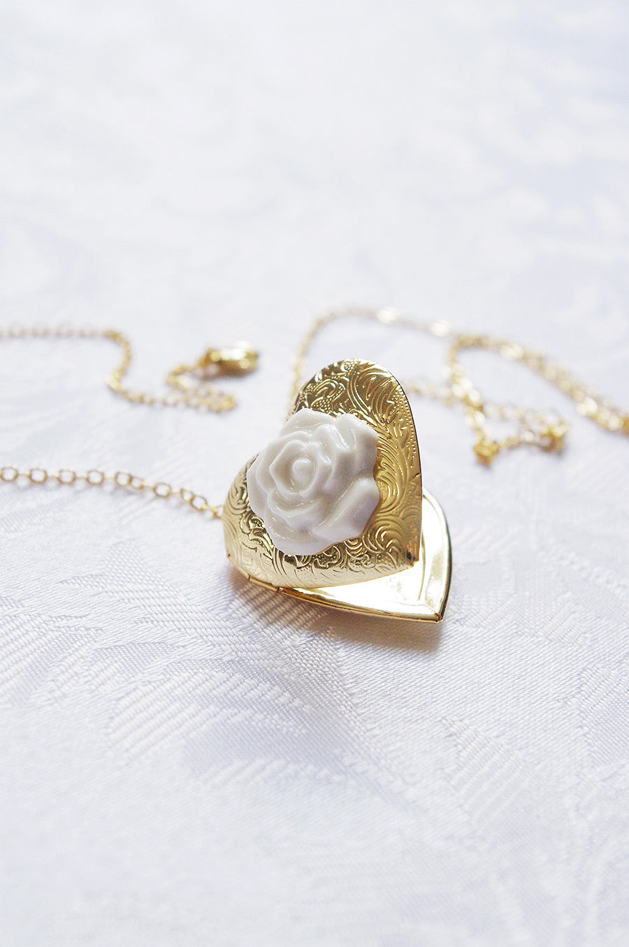 Heart Locket With Porcelain Rose Pendant Necklace