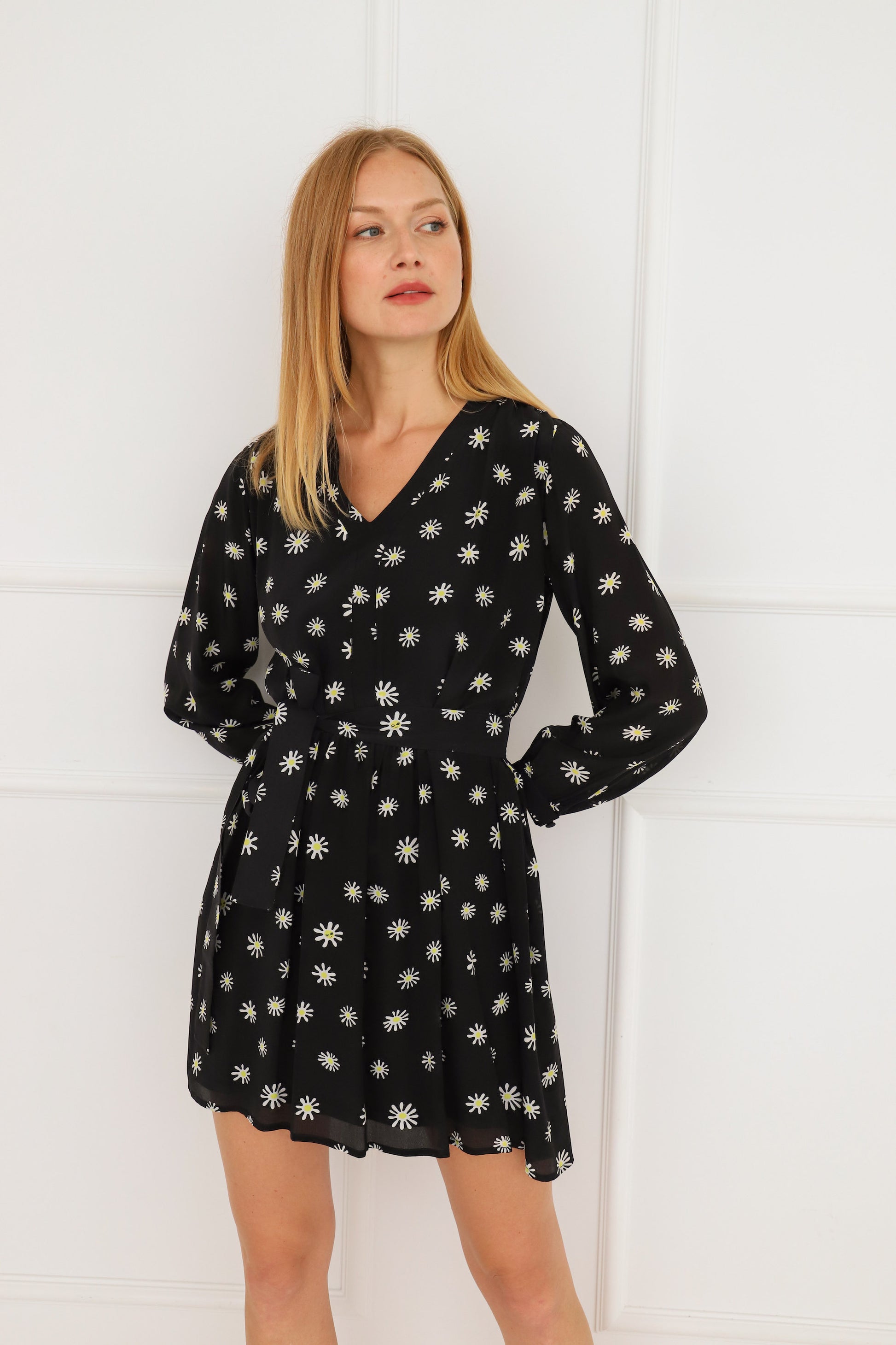 Daisy Print Black Silk Dress