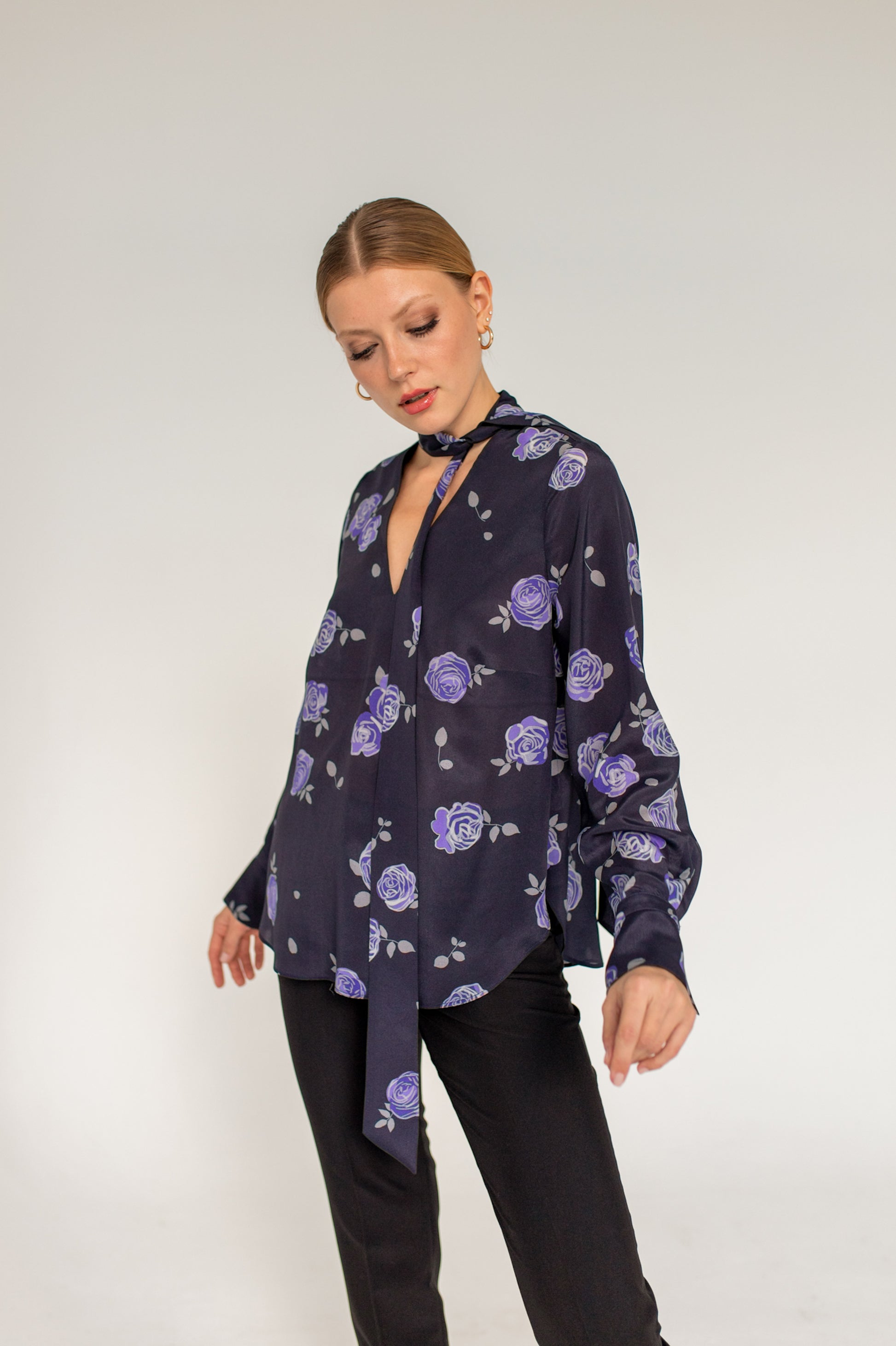 Silk Bow Tie Blouse Roses