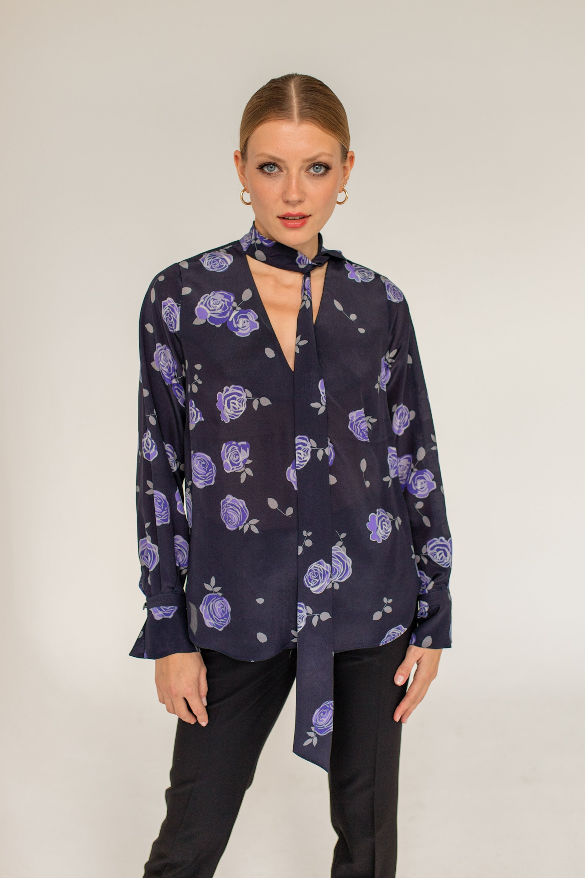 Silk Bow Tie Blouse Roses